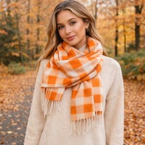 MY Products Orange White Buffalo Plaid Scarf Feel Cashmere Fringe